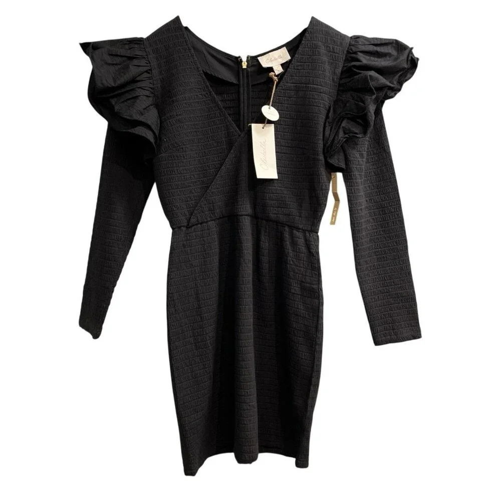 Cleobella Brigitta Mini Dress Black Surplice Fitted Ruffle Puff Sleeve Size S‎